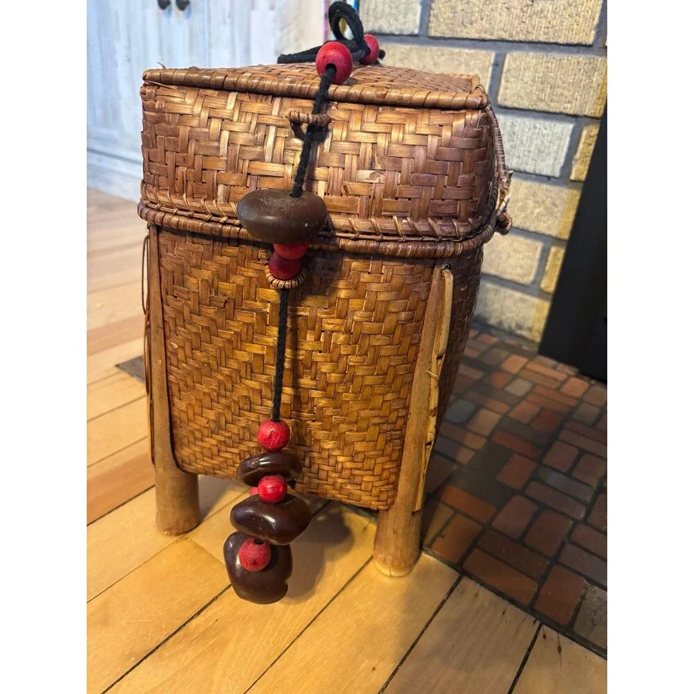 Vtg Bamboo Rattan Handmade Rice Basket With Ball Bead Cording Chinese Japan lid